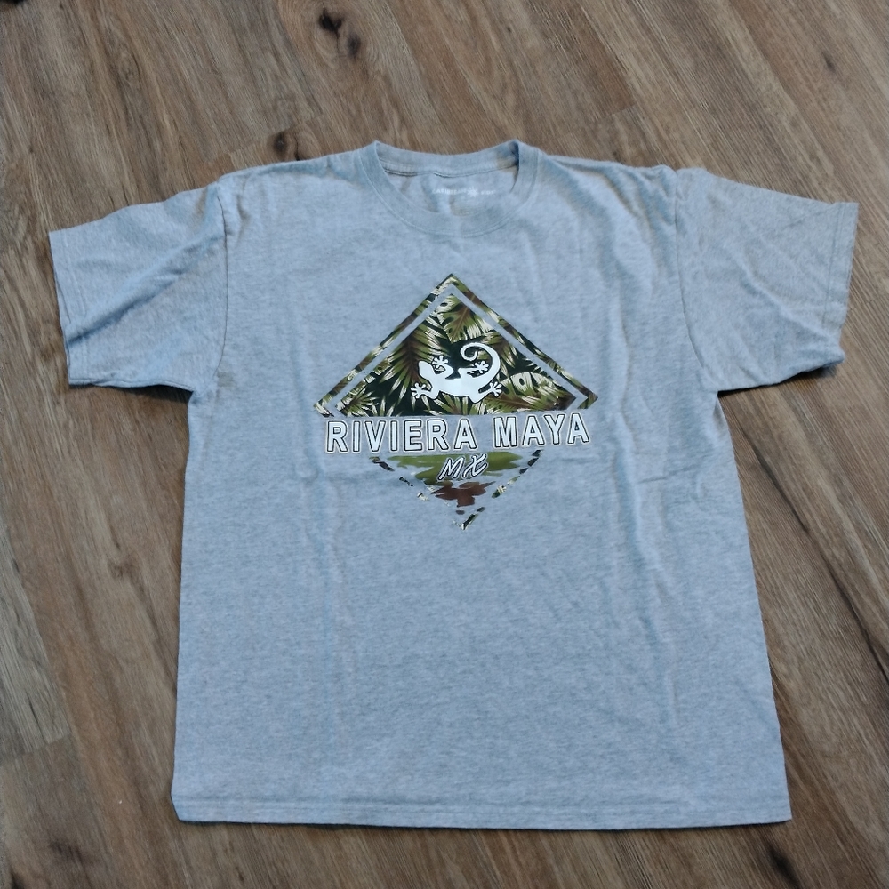 Men's T Shirt Size Large Gray Riviera Maya Gecko Lizard MX Cotton Palm Tree Bi21